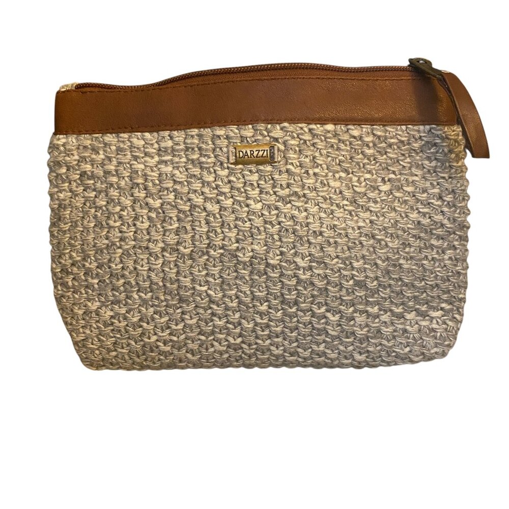 Darzzi womens light gray chunky yarn crochet bag clutch purse pouch leather trim